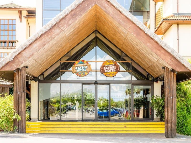 A-frame Azteca Hotel entrance at Chessington Safari Hotel.