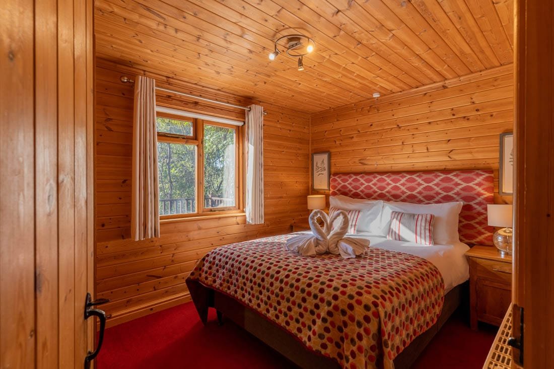 Cozy wooden cabin bedroom with colorful bedding and forest view.