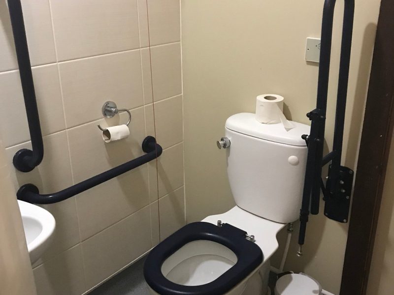 a toilet in a wet room with black handrails to the side of the toilet