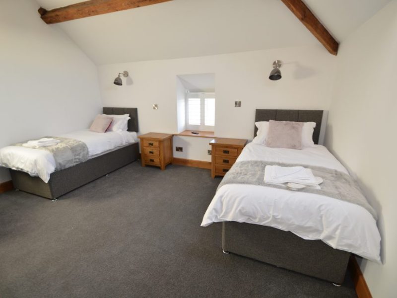 Cozy twin bedroom with exposed wooden beams and modern decor.