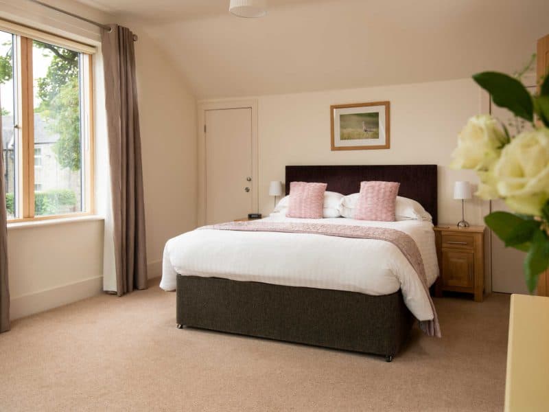 Cozy modern bedroom with window view and fresh flowers.