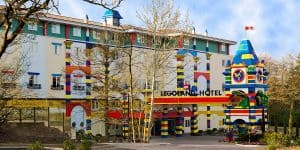 Colorful Legoland Hotel exterior with playful Lego designs.