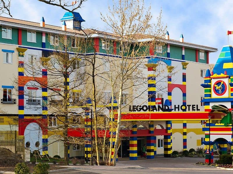 Colorful Legoland Hotel exterior with playful Lego designs.