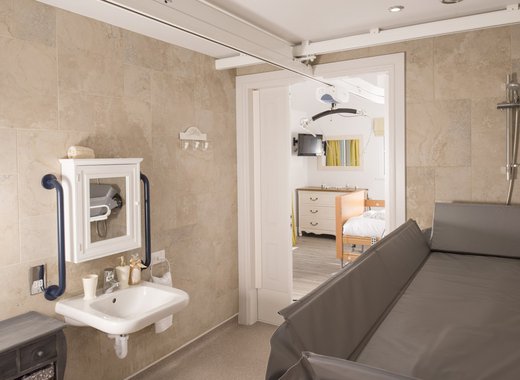 Accessible bathroom connected to modern bedroom.