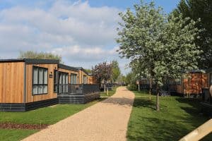 Path through modern cabin resort with flowering trees.