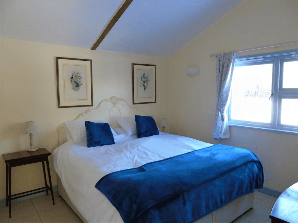 Bright bedroom with double bed and blue accents