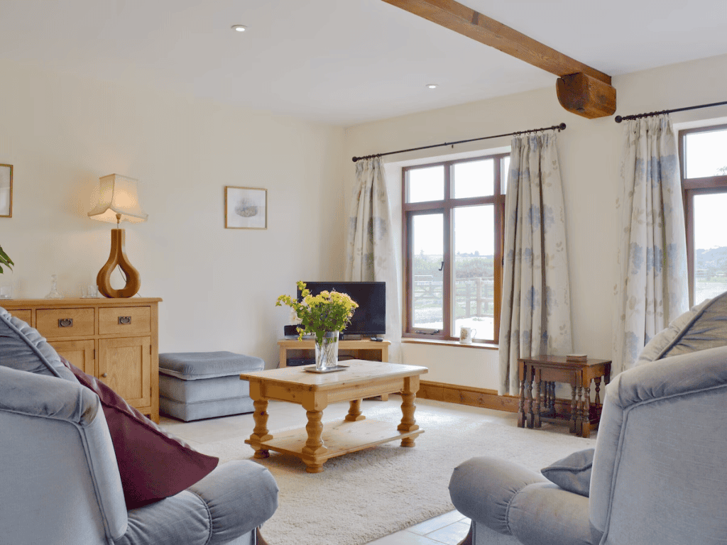 Bright cozy living room with rural view