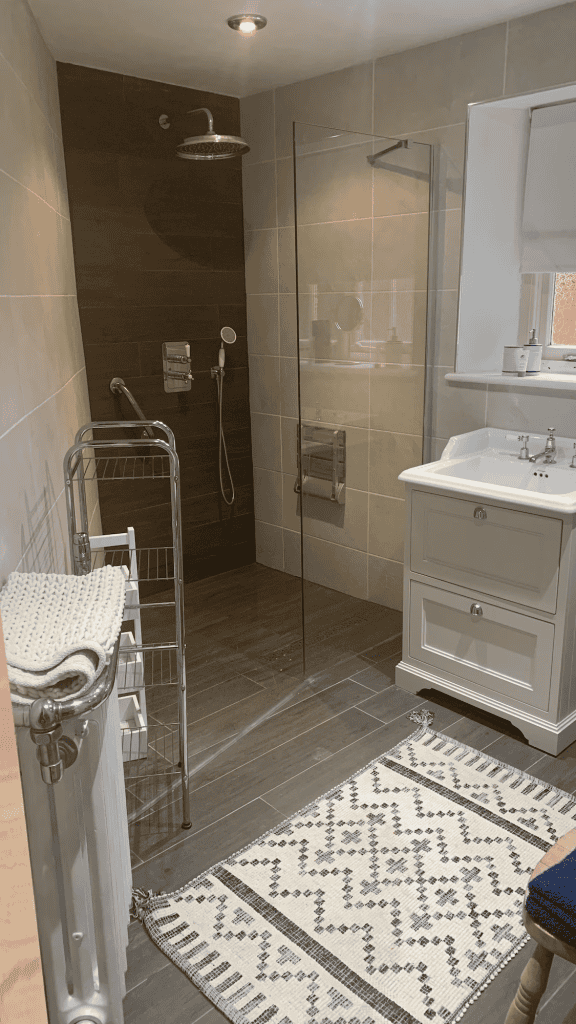 Modern bathroom with shower, sink, and patterned rug