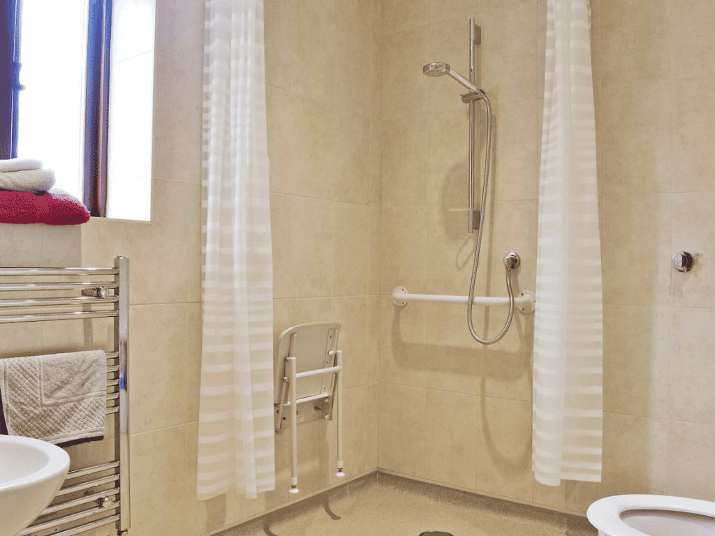 Accessible bathroom with shower and assistive grab bars