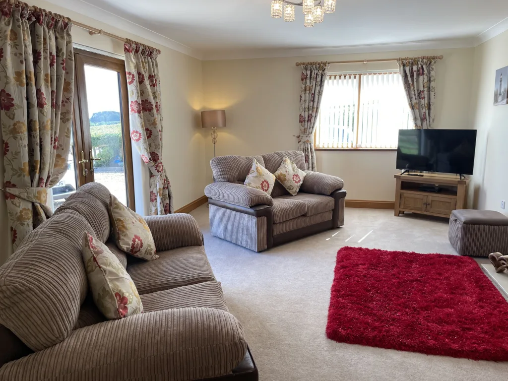 Cozy living room with plush sofas and red rug