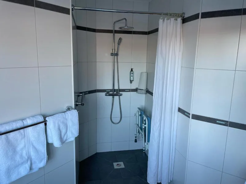 Accessible bathroom with shower, railings, and towels