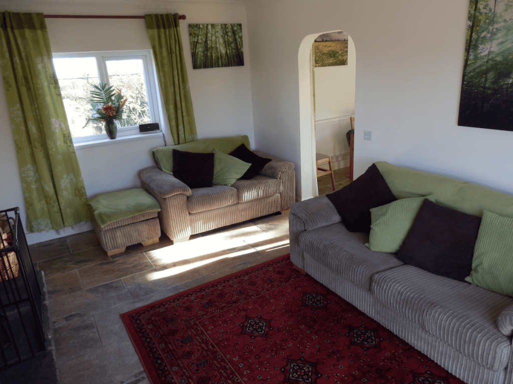 Sunny living room with green curtains and patterned rug