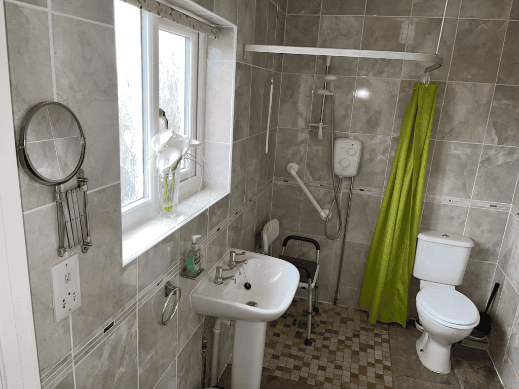 Accessible bathroom with shower, toilet, and green curtain