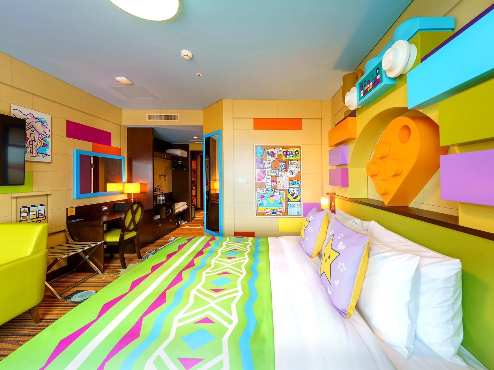 Colorful, themed hotel room with playful decor