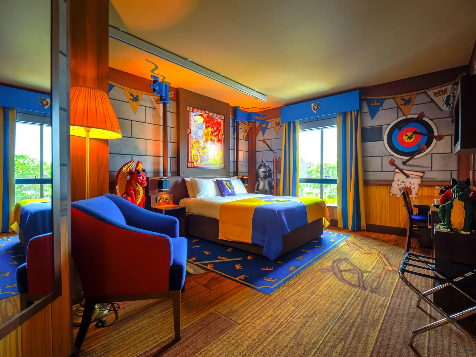 Colorful themed hotel room with medieval decorations