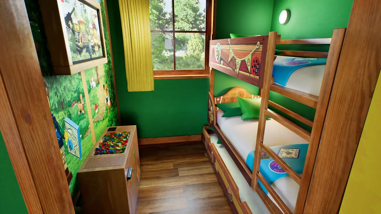 Bright green themed children's bedroom with bunk beds