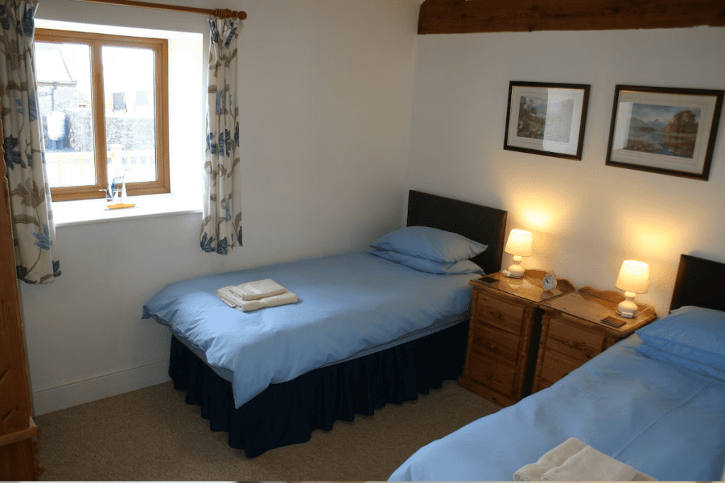 Cozy twin bedroom with blue bedding and wooden furniture.