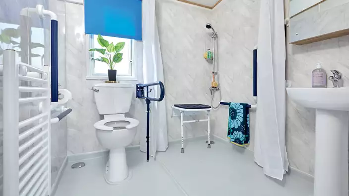 Accessible bathroom with safety handles and shower seat