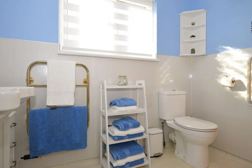 Bright bathroom with blue towels and white fixtures