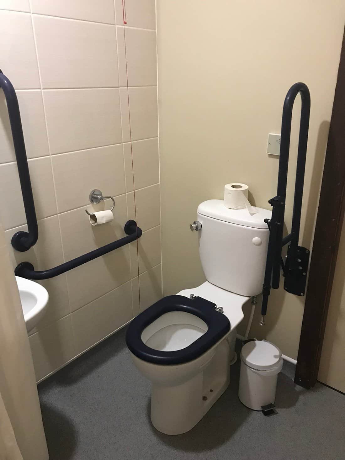 Accessible bathroom with support rails and emergency cord