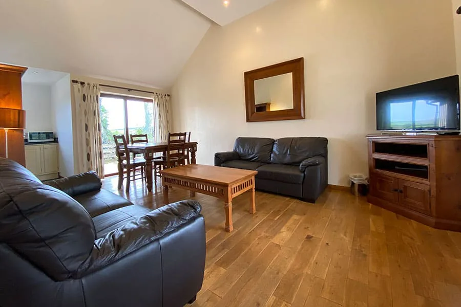 Spacious living room with wooden furniture and leather sofas