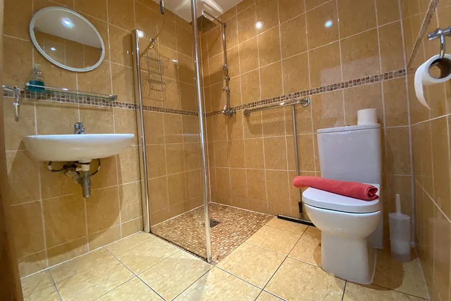 Modern bathroom with shower, sink, and toilet