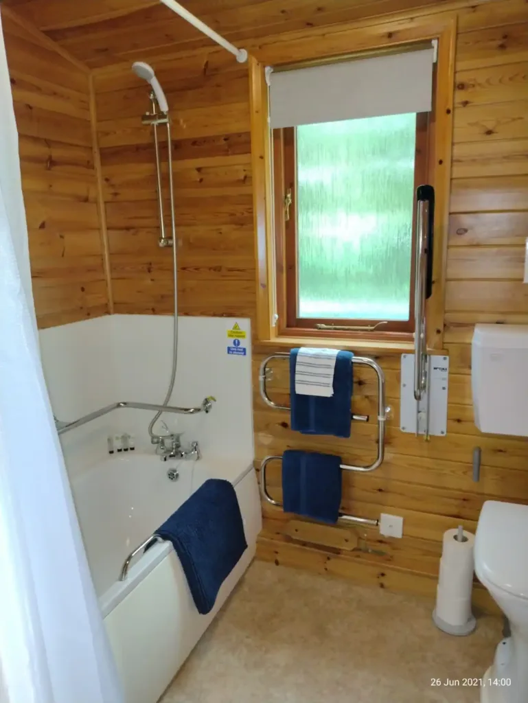 Accessible bathroom with wooden walls and blue towels
