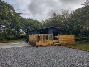 Wooden cabin with deck in wooded area