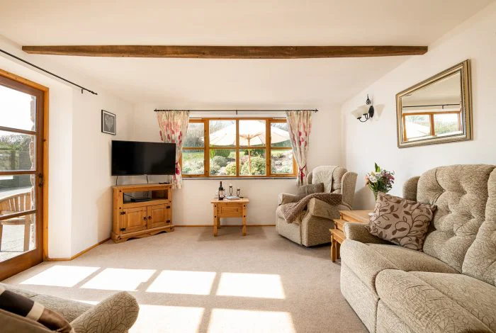 Cozy living room with wooden beams and countryside view