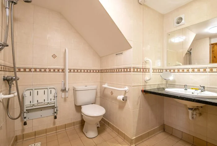 Accessible bathroom with safety handles and shower seat