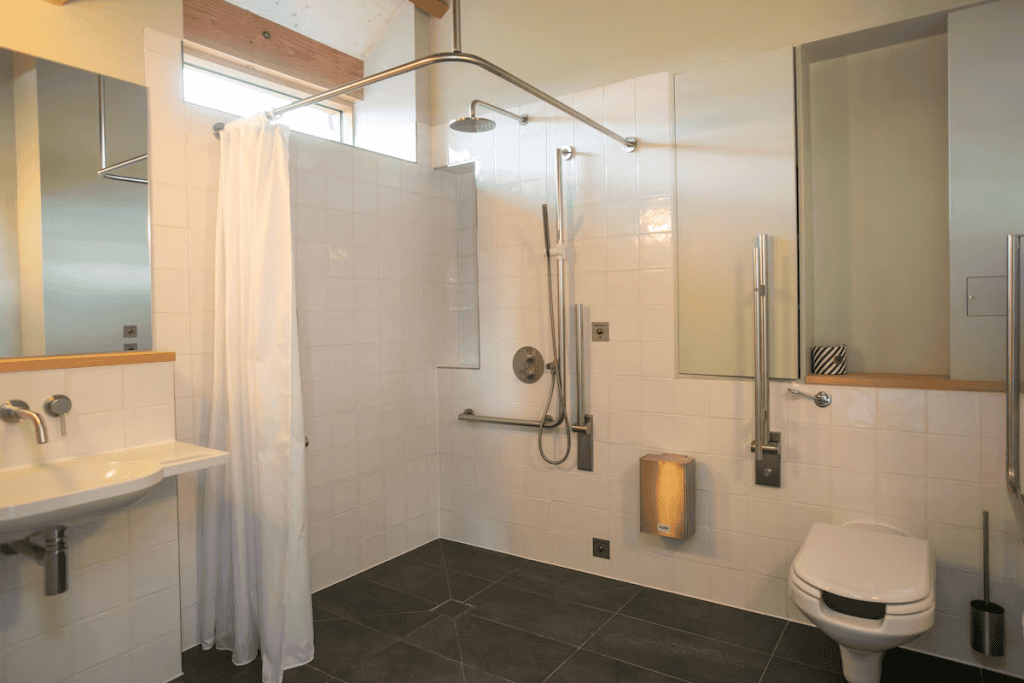 Modern bathroom with shower and accessibility features