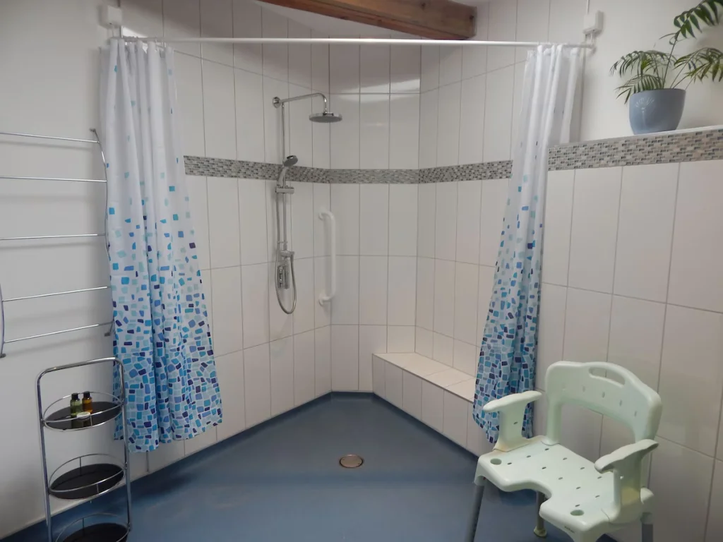 Accessible bathroom with shower, bench, and support handles