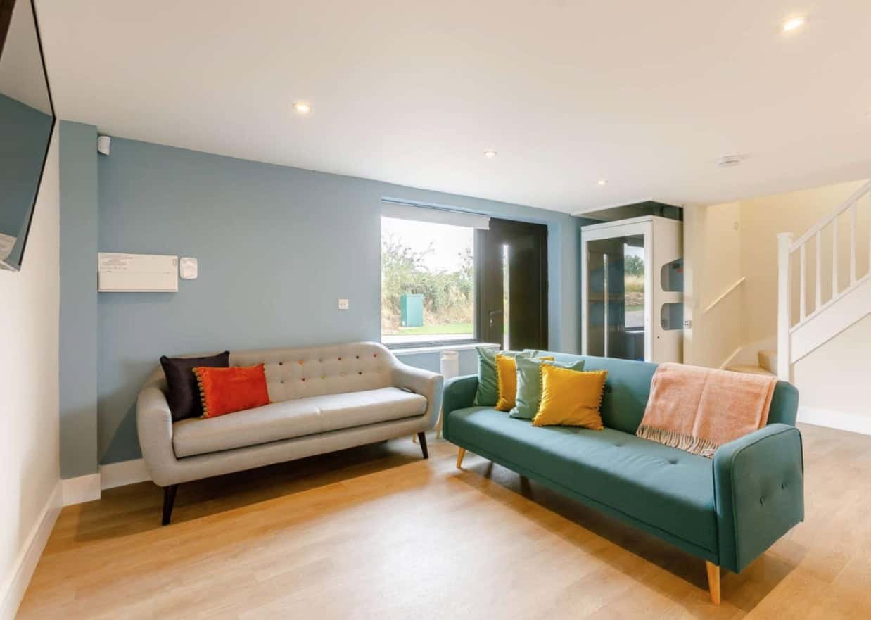 Modern living room with colorful sofas and hardwood floor