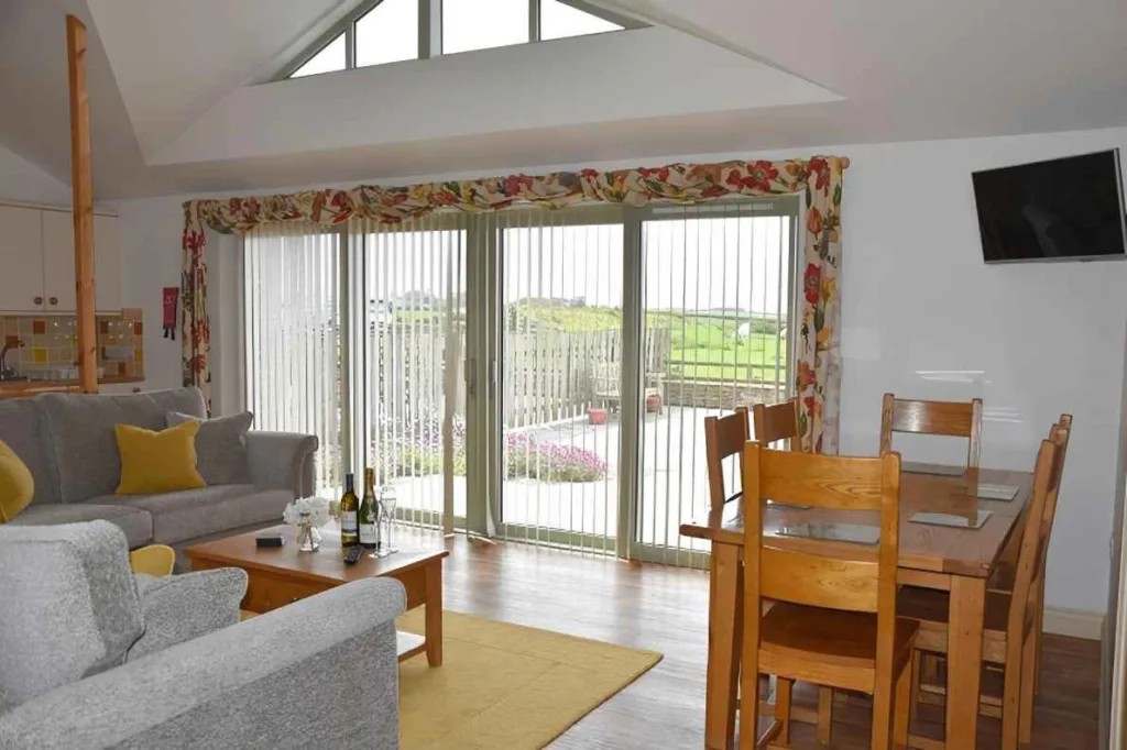 Bright living room with scenic view through large windows