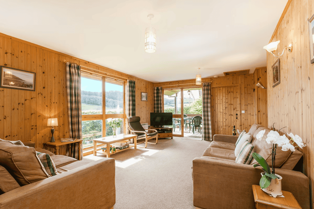 Cozy wooden living room with scenic mountain view