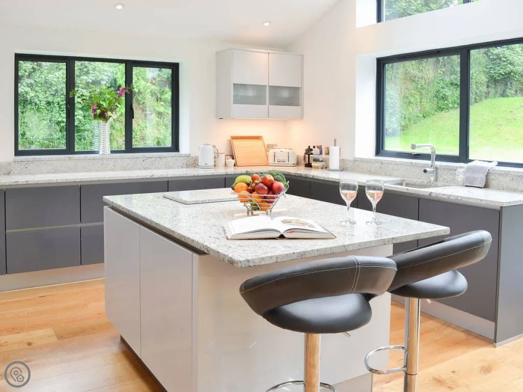 Modern kitchen with granite counters and wooded view.