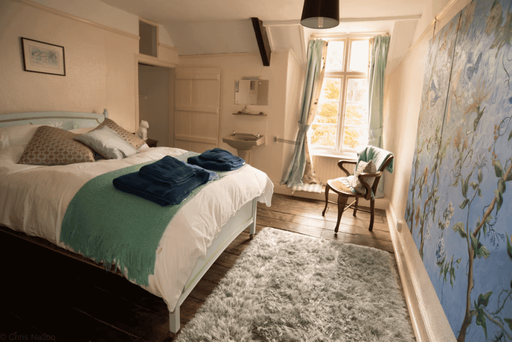 Cozy bedroom with artistic wall mural and window view