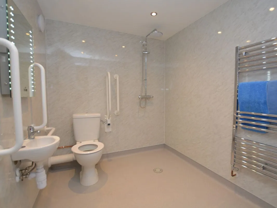 Modern accessible bathroom with shower and safety handles