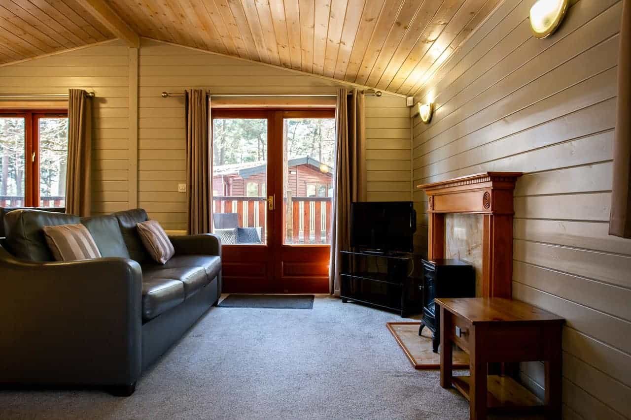 Cozy cabin living room with fireplace and forest view