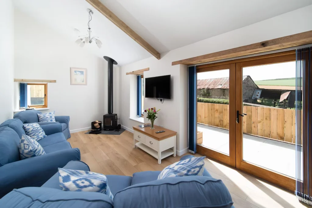 Bright living room with blue sofas and wooden accents