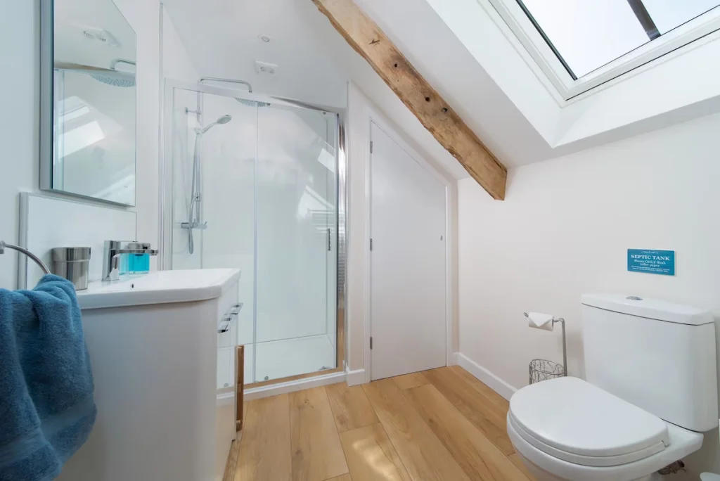 Modern bathroom with shower, toilet, and wooden floors