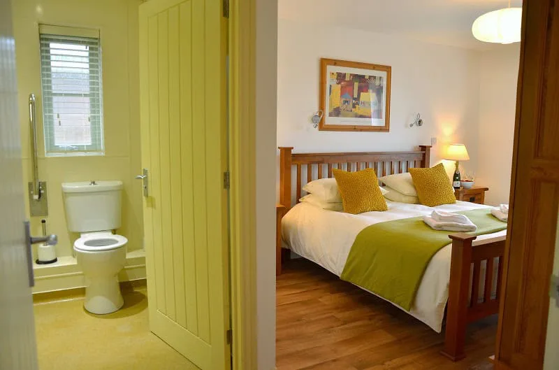 Cozy bedroom with adjoining modern bathroom