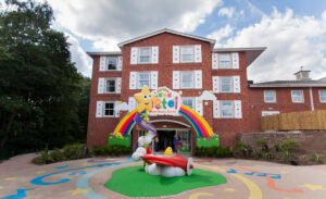 CBeebies Land Hotel exterior with colorful entrance arch