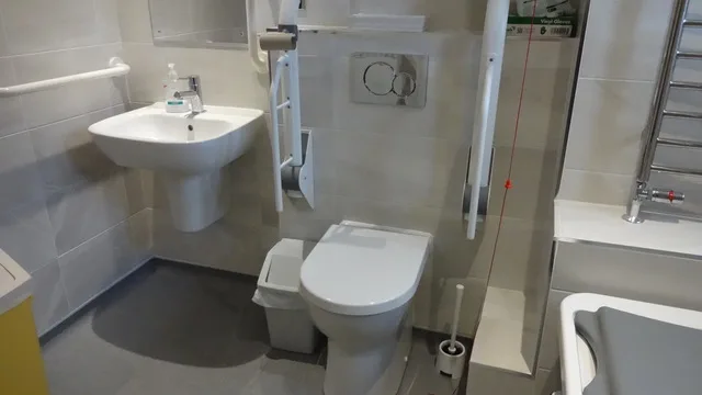 Accessible bathroom with safety grab bars and shower