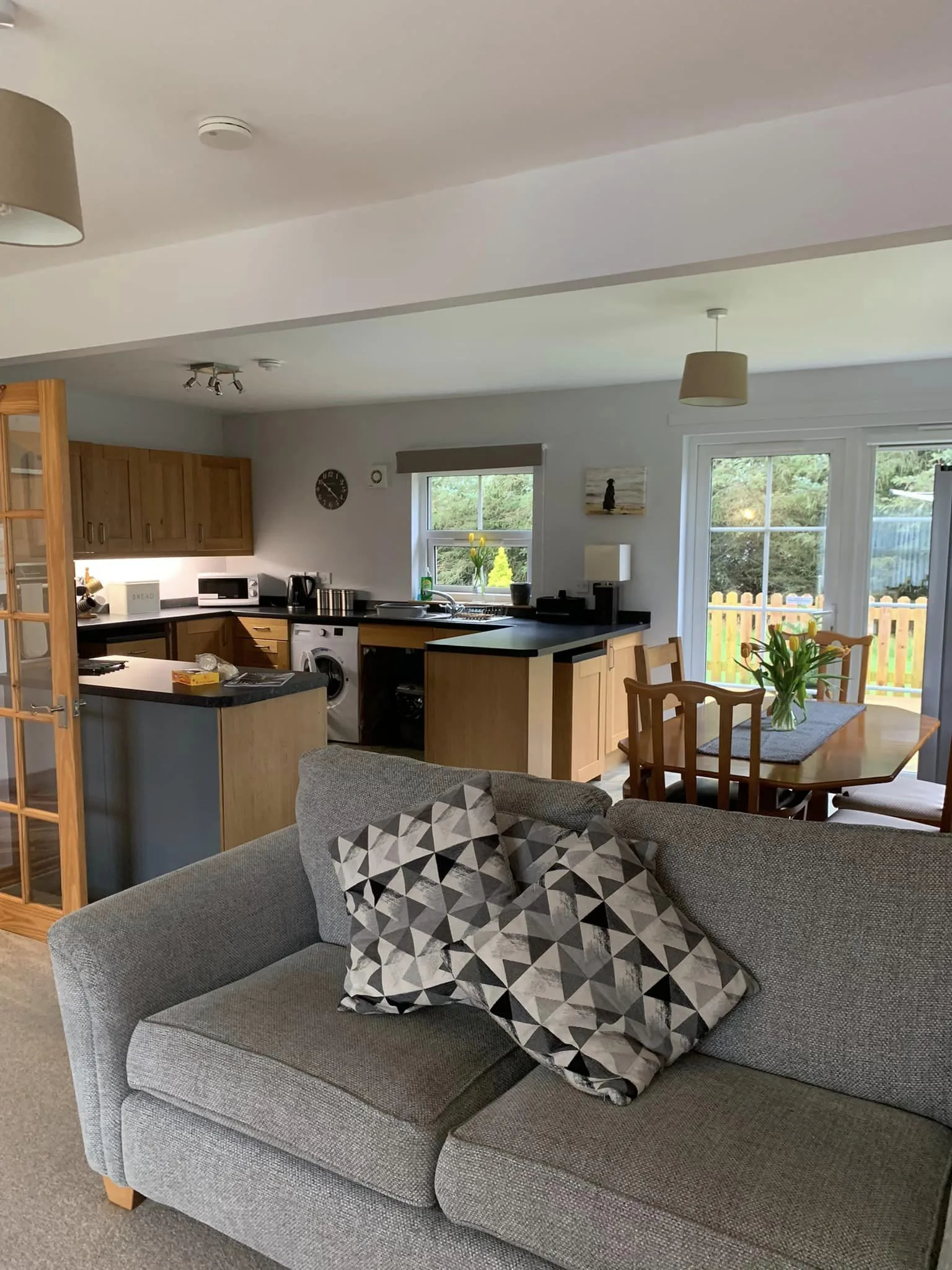 Modern kitchen and living room interior with cozy sofa