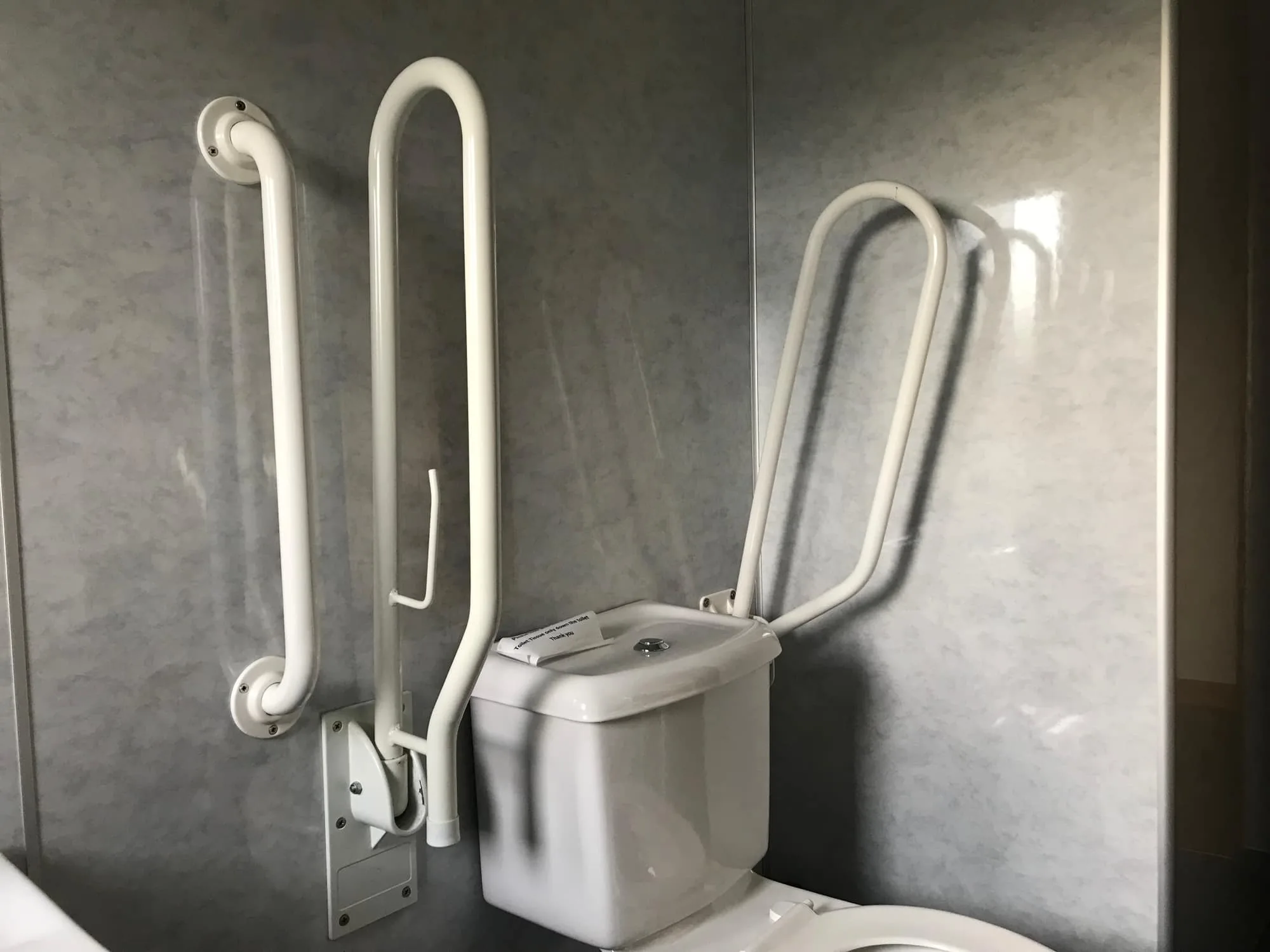 Accessible bathroom with safety grab bars and toilet