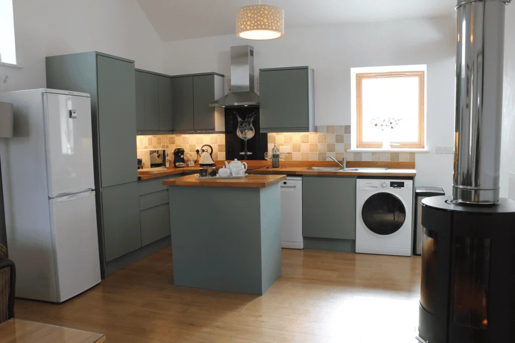 Modern kitchen with appliances and wooden accents