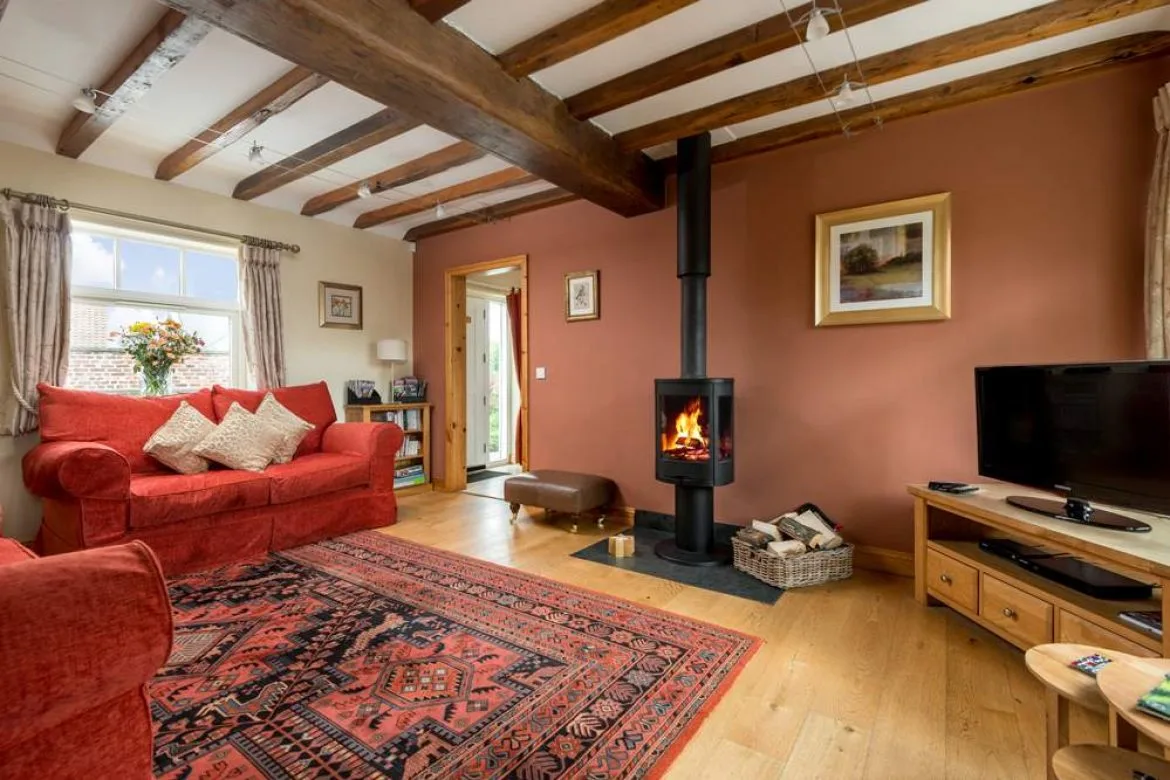 Cozy living room with red sofa and lit fireplace