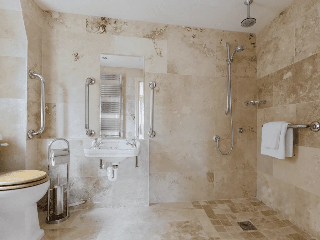 Accessible bathroom with safety handles and mold on walls.