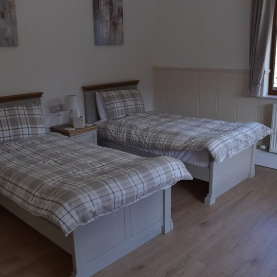 Two single beds with plaid bedding in bright room